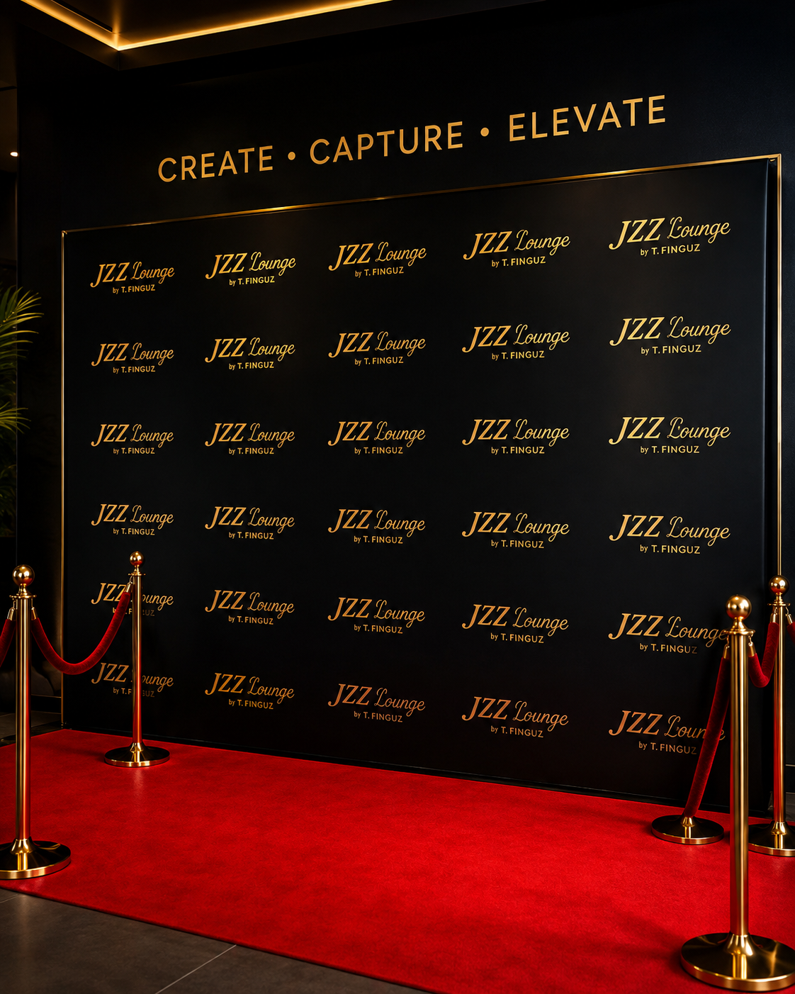 A red carpet and step-and-repeat backdrop at a private evening arrival